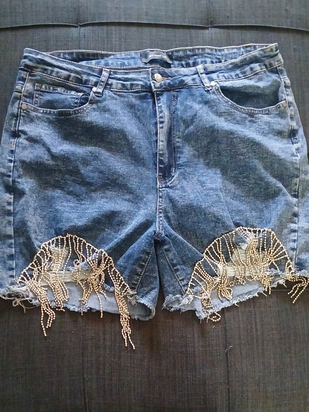 Women's Blue Denim Shorts with Beaded Fringe